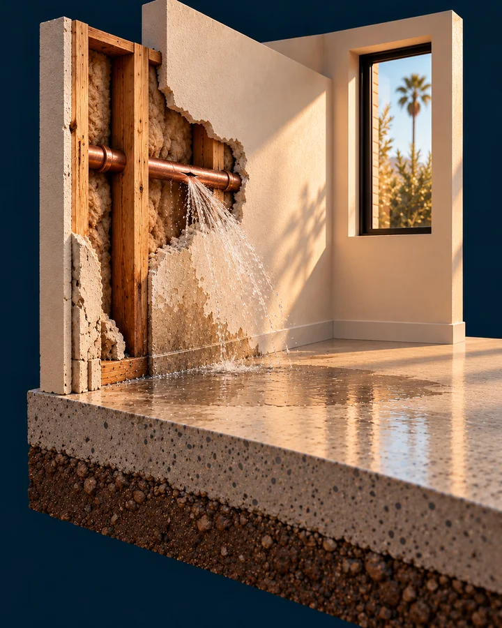 Concept illustration: Wall cutaway showing water spraying from a split copper supply pipe and collecting on the floor.