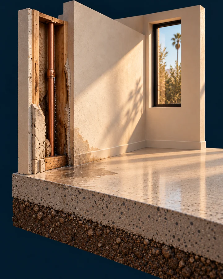 Concept illustration: a copper-pipe leak inside a wall, damp plaster and water spreading onto the floor.