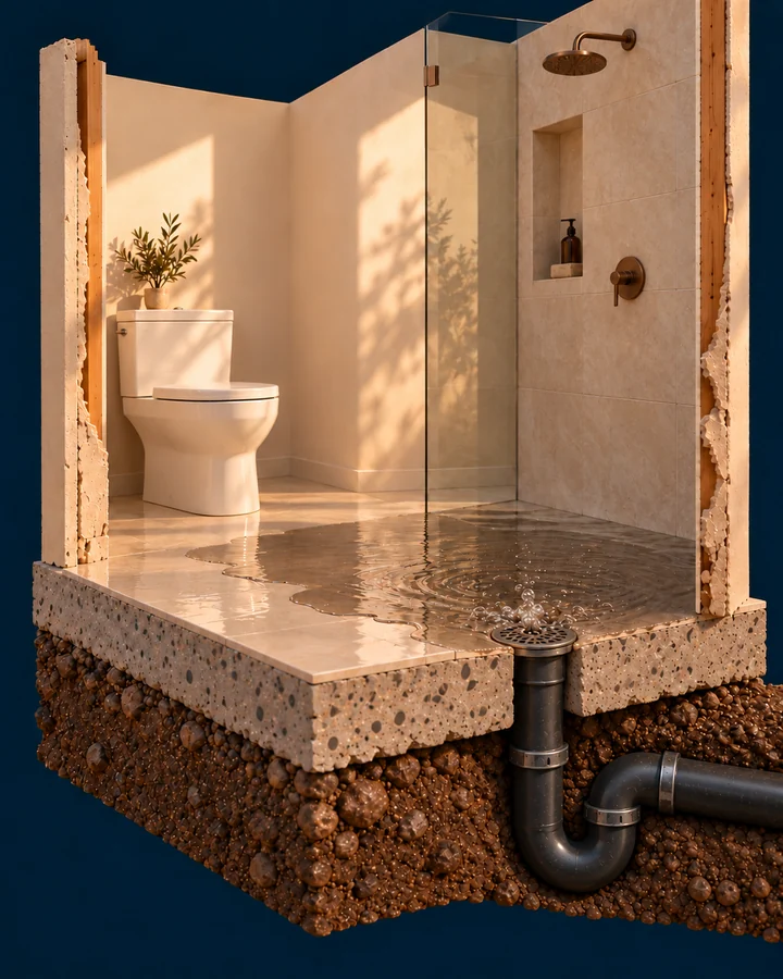 Concept illustration: Bathroom cutaway showing murky wastewater backing up through a floor drain connected to the pipe below.