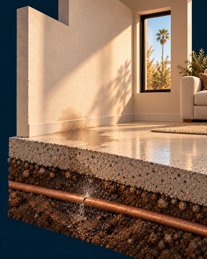 Concept illustration: Foundation cutaway showing a leaking copper supply pipe beneath a concrete slab and moisture reaching the room above.