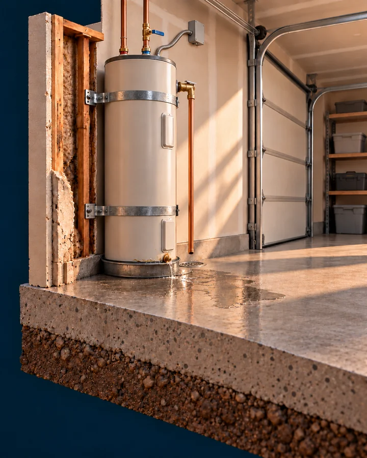 Concept illustration: Garage cutaway showing an electric tank water heater with water leaking near its base onto the concrete floor.